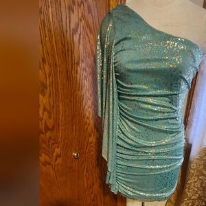Glamorous One-Shoulder Teal Dress with Gold Sparkle, Junior Dress Sz Lg NWT